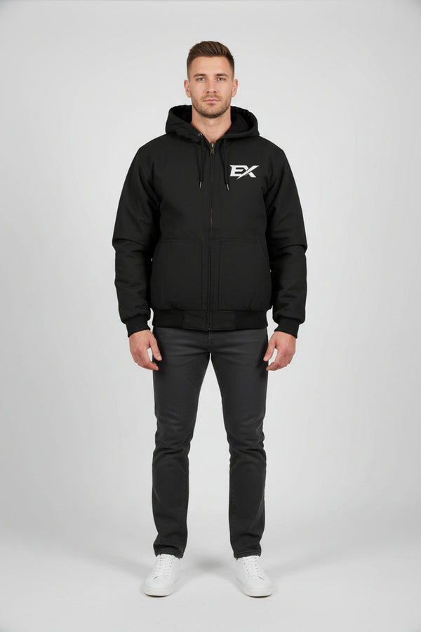 Men’s heavyweight duck cloth hooded work jacket with quilted lining and vintage finish
